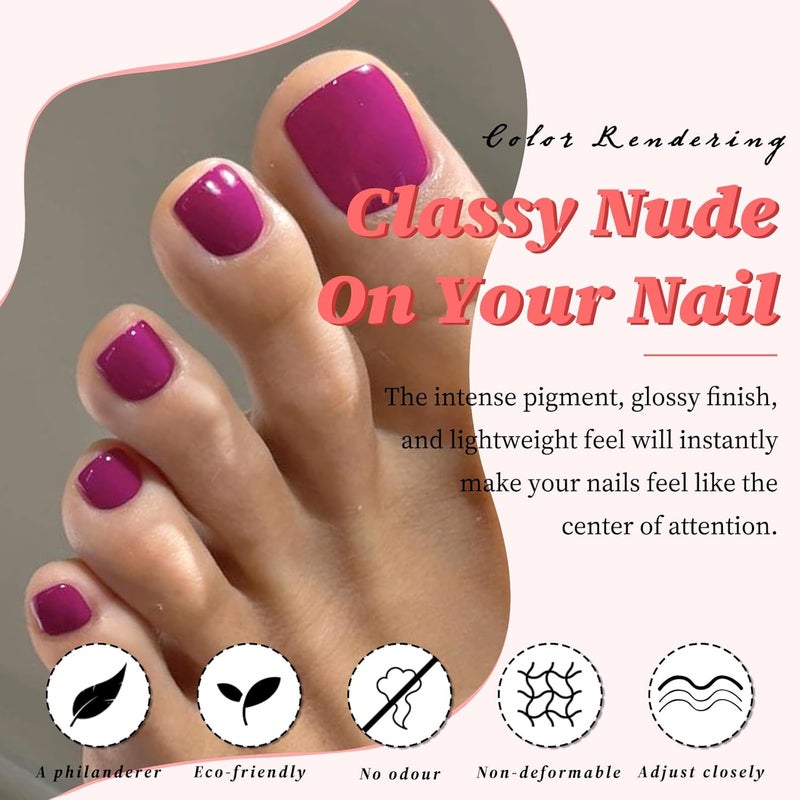 LuckForever 168pc Press on Toenails Women Fake Toe Nails with Adhesive Tabs, Magenta Fake Toenails Press on Nails Toe Acrylic Nail Tips Short Square False Toenail Artificial Toe Nails Press ons - Image 3